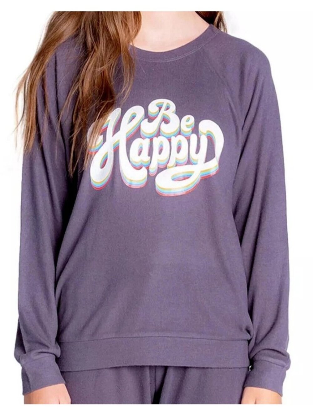 Insomniax Women's Butter Jersey Long-Sleeve Pajama Top, Charcoal Gray Be Happy